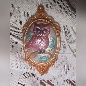 Pink Owl In Copper Resin Frame Handmade Cameo Brooch